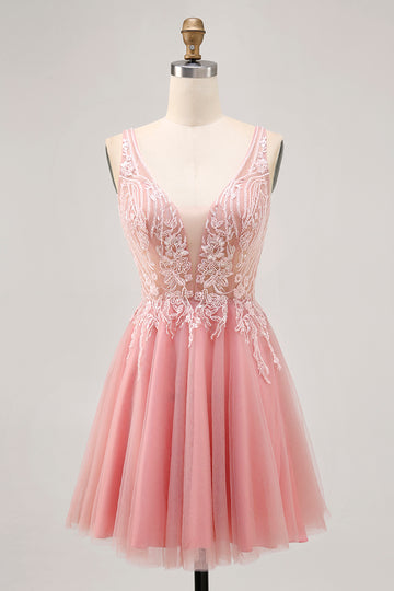A-line Tulle Blush Sequins Backless Short Homecoming Dress with Beading